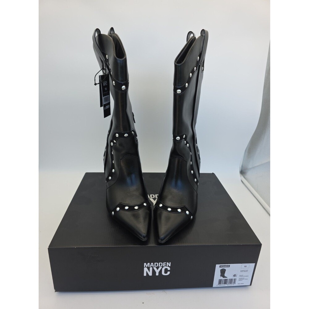 Madden NYC Kitten Heel Studded Faux Leather Western Boot In Black Size 10 NEW